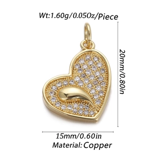18K gold-plated heart pendant with zircons and size measurements on white background