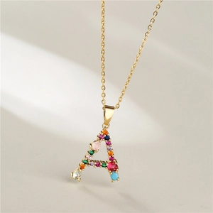 Alphabet Initial Pendant Necklace Copper Gold Plated With Colorful Zircon Micro Pave Minimalist Jewelry For Women