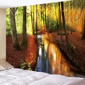 Detail view of the forest creek tapestry hanging in a bedroom setting for wall decoration