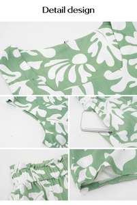 Dettagli del completo casual da donna con stampa a foglie, scollo quadrato ed elastico