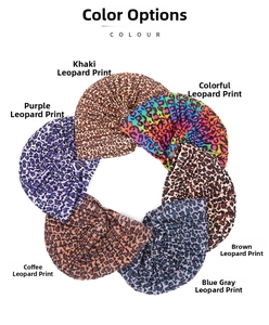 Detailed color display of leopard print turban hats in six different stylish patterns