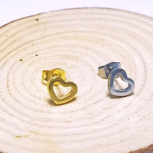 Minimalist stainless steel hollow heart stud earrings set in gold and silver finish