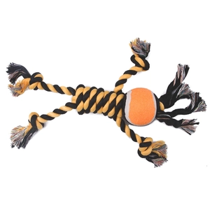 Durable cotton rope dog toy with tennis ball for interactive chewing and teeth cleaning