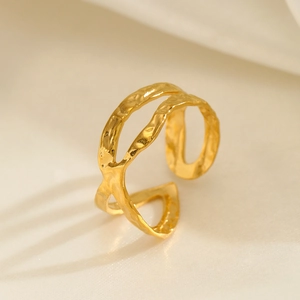 Minimalist hammered texture adjustable gold ring with organic wave patterns for women