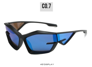 Detail view of futuristic matte black cat eye sunglasses with blue reflective lenses