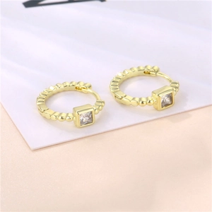 Minimalist 14K gold plated geometric hoop earrings featuring a square zircon stone