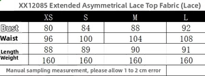 Detailed size chart for long asymmetric lace top showing measurements for XS to L sizes