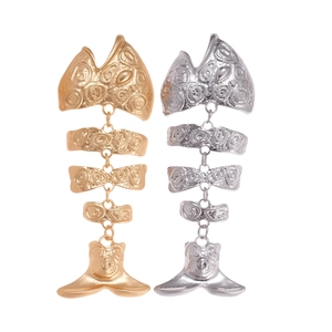 Exaggerated metal fishbone drop earrings in gold and silver finish with hammered texture