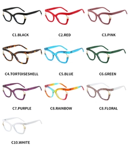 Matrix display of ten colorful cat eye glasses frames with pearl inlay detail