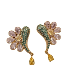 Elegant floral wing drop earrings with colorful crystals and yellow pear pendants