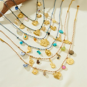 Bohemian gold plated stainless steel layered necklace with colorful charms and woven ropes