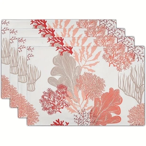 Detailed view of four rectangular placemats with pink coral patterns on white background