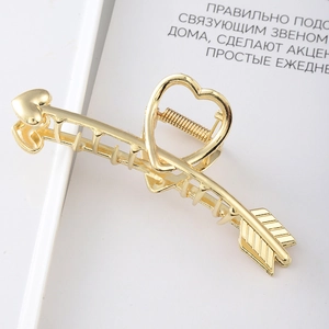 Golden heart arrow metal hair claw clip with large alloy teeth and spring mechanism