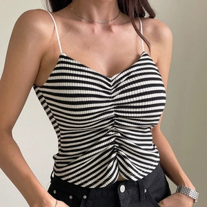 Sexy slim-fit black and white striped camisole with ruched chest detail and thin straps