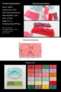 Detail view of a soft nylon baby headband with bow, including dimensions and fabric texture