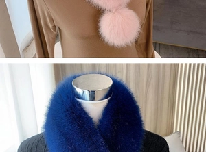 Detail of faux fur neck warmers in pink and navy blue with pom-poms on mannequins