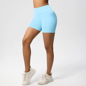Close-up of seamless ribbed texture on high waist light blue yoga shorts for women