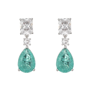 Macro detail of teardrop earrings with mint green ice-cracked stone and cubic zirconia
