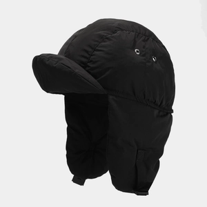 Winter thermal trapper hat in black quilted design with ear flaps and buckle strap