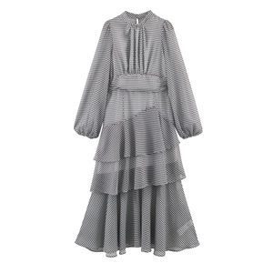 Polka Dot Tiered Maxi Dress Chiffon Lantern Sleeve Stand Collar Ruffle Long Sleeve Elegant For Women