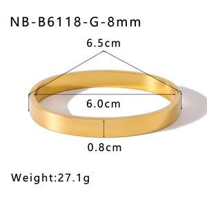 Detail view of 18k gold plated stainless steel bangle with dimensions and weight data