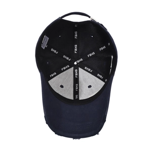 Dark blue baseball cap inner structure with branded seams and adjustable metal buckle