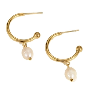 French style gold stainless steel C-shaped hoop earrings with baroque pearl drops