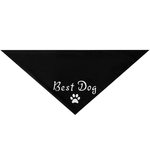 Close-up of black cotton pet bandana featuring white Best Dog text and paw print