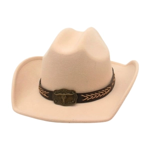 Classic beige felt western cowboy hat featuring a leather band with a vintage bull head buckle