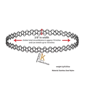 Detailed size chart for elastic black fishline choker necklace with gold letter K pendant