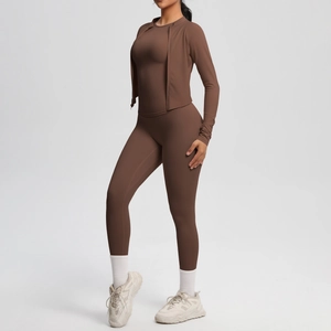 Three-piece yoga set with long sleeve top, zip-up jacket and high waist leggings
