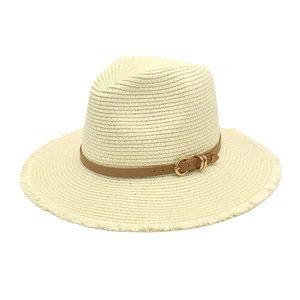 Detail of beige straw Fedora hat with brown leather belt buckle and frayed brim edge