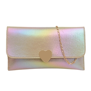 Rainbow iridescent envelope clutch bag with gold heart buckle and metal chain strap