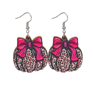 Boucles d'oreilles citrouille léopard avec nœud rose pour l'automne et Thanksgiving