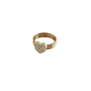 Three-tone heart ring with cubic zirconia accents in gold, silver, and rose gold finish
