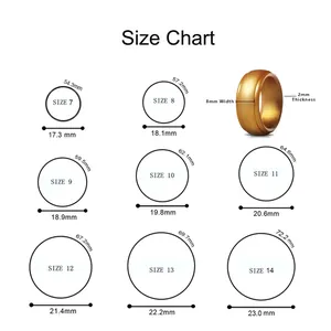 Detailed size chart for men silicone sports rings showing diameter and circumference