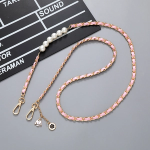Pink leather woven chain strap with pearls and camellia charms for handbags