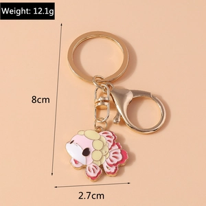 Detailed size view of pink and yellow cartoon goldfish keychain showing 8cm total length