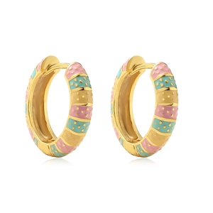 Macro detail of gold hoop earrings with pink and turquoise striped enamel inlay