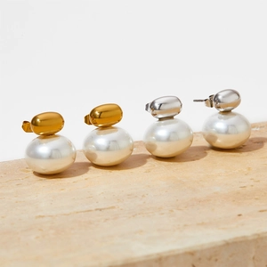 French vintage style stainless steel gold and silver bead pearl earrings set