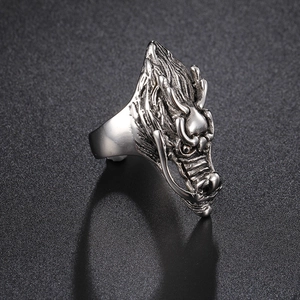 Retro dragon head stainless steel ring for men with detailed silver metal texture