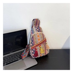 Detail of bohemian woven chest bag featuring colorful fringe and patterned strap