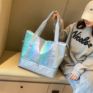 Holographic gradient travel bag with wet-dry separation and bottom shoe compartment