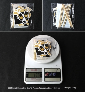 Close-up of 2024 New Year cake toppers with champagne cup design and weight measurement