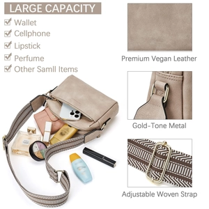 Detail view of small crossbody bag showing spacious interior and vegan leather texture