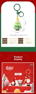Detail showing soft rubber Christmas tree keychain with alloy ring and Merry Christmas strap