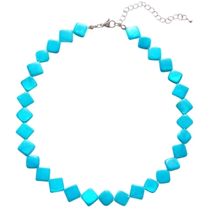 Blue rhombus bead necklace with shell luster and silver clasp for beach vacations