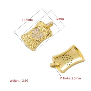Gold rectangular heart pendant with colorful cubic zirconia stones in dual-sided view