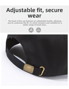 Detail of black baseball cap with adjustable vintage metal buckle for custom fit