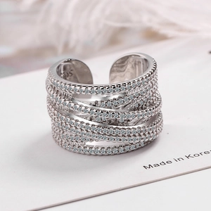 Sparkling multi-layer S925 silver wide wave ring with inlaid cubic zirconia crystals